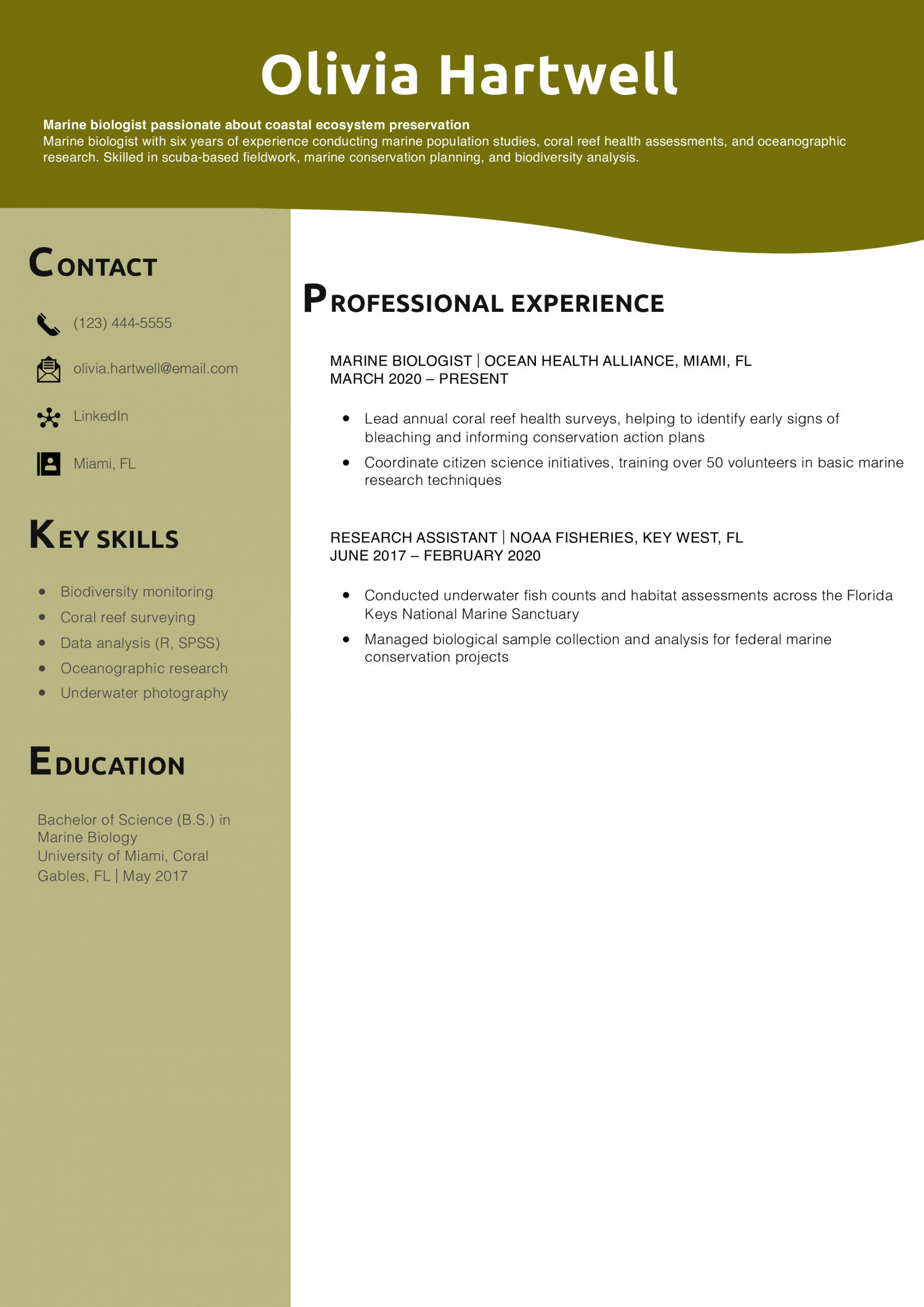 Marine Biologist Resume Example