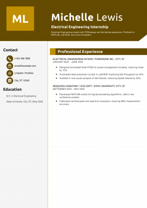 Electrical Engineering Internship Resume Example