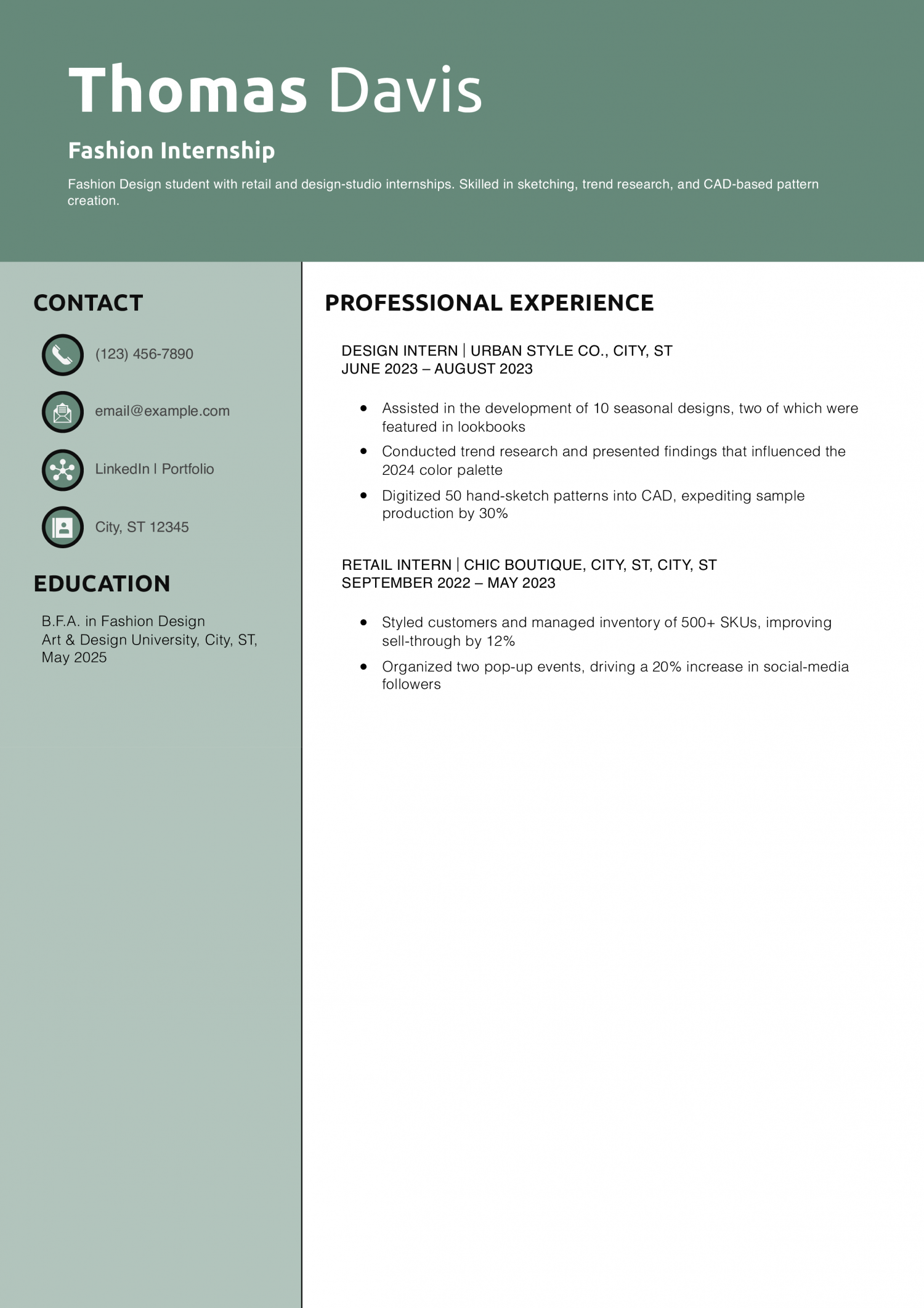 Fashion Internship Resume Example