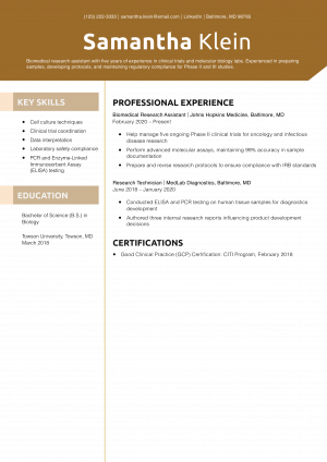 Biomedical Research Assistant Resume Example