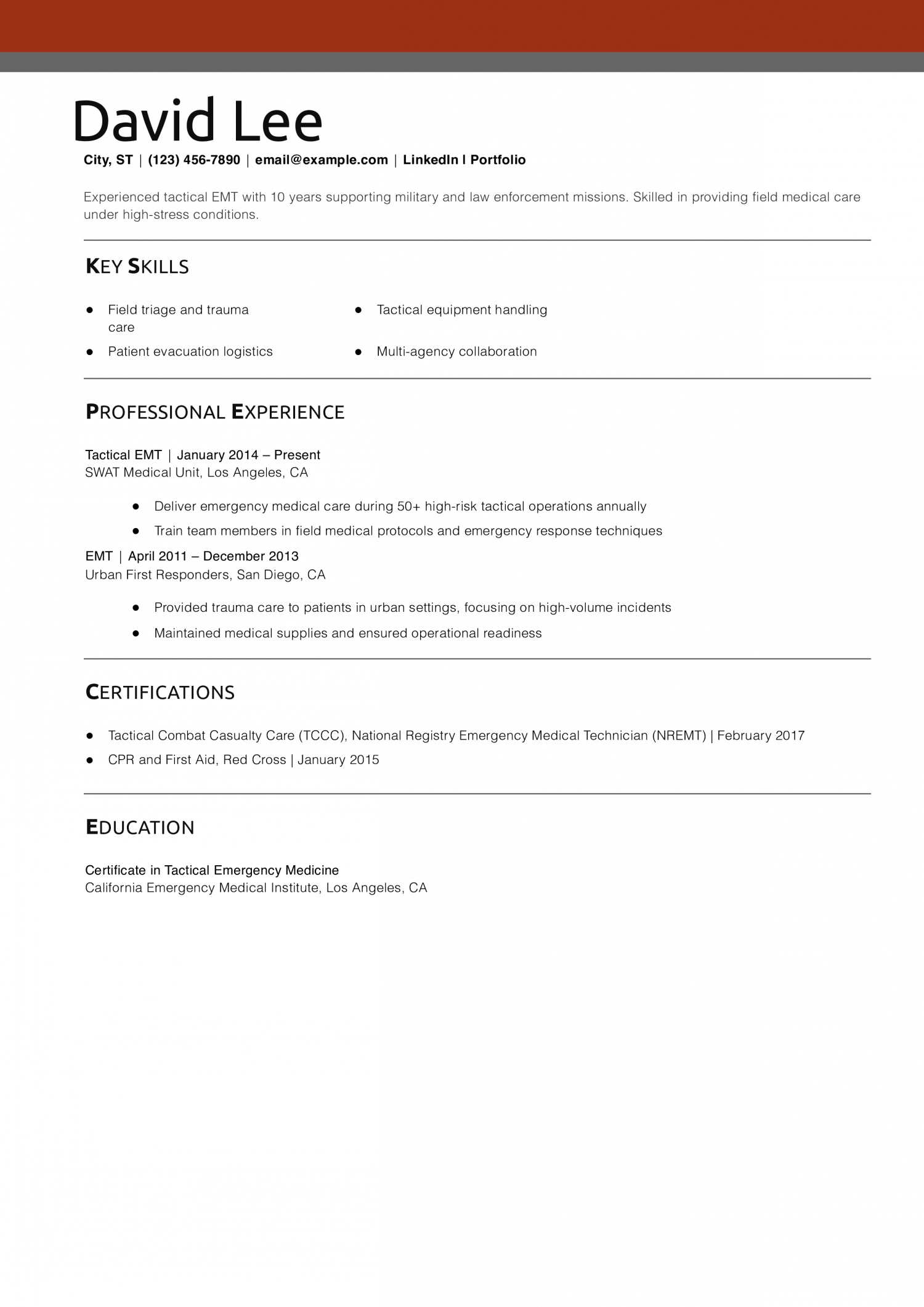 Tactical EMT Resume Example