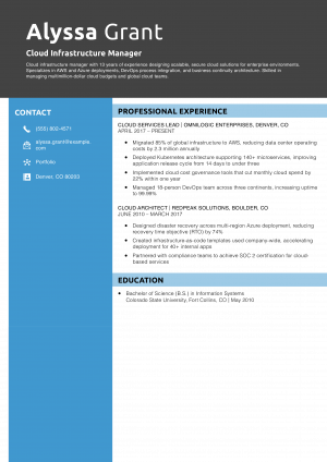 Cloud Infrastructure Manager Resume Example