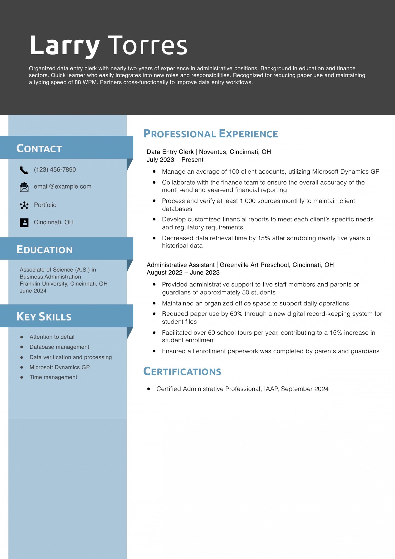 Data Entry Clerk Resume Example