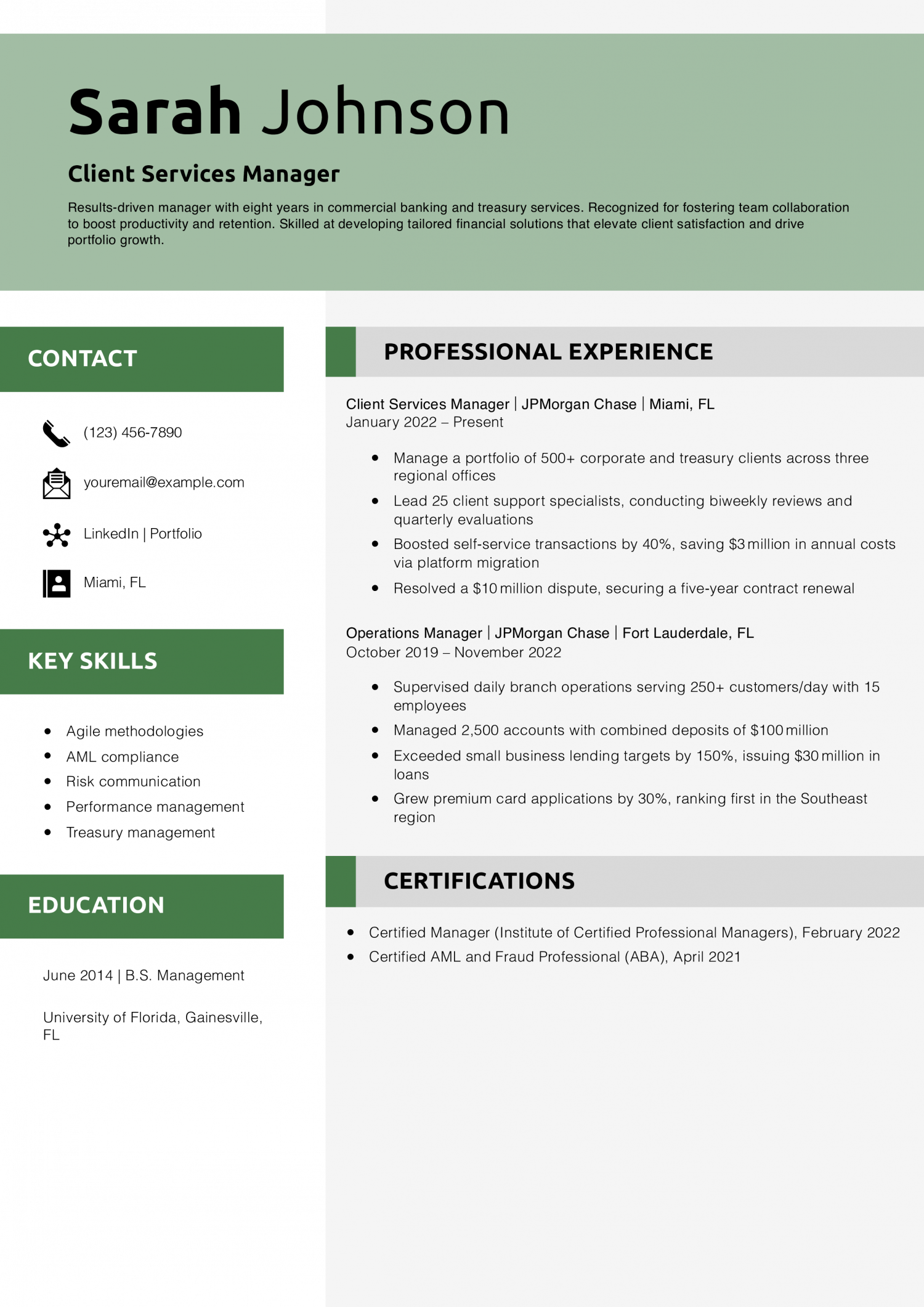 Client Services Manager Resume Example