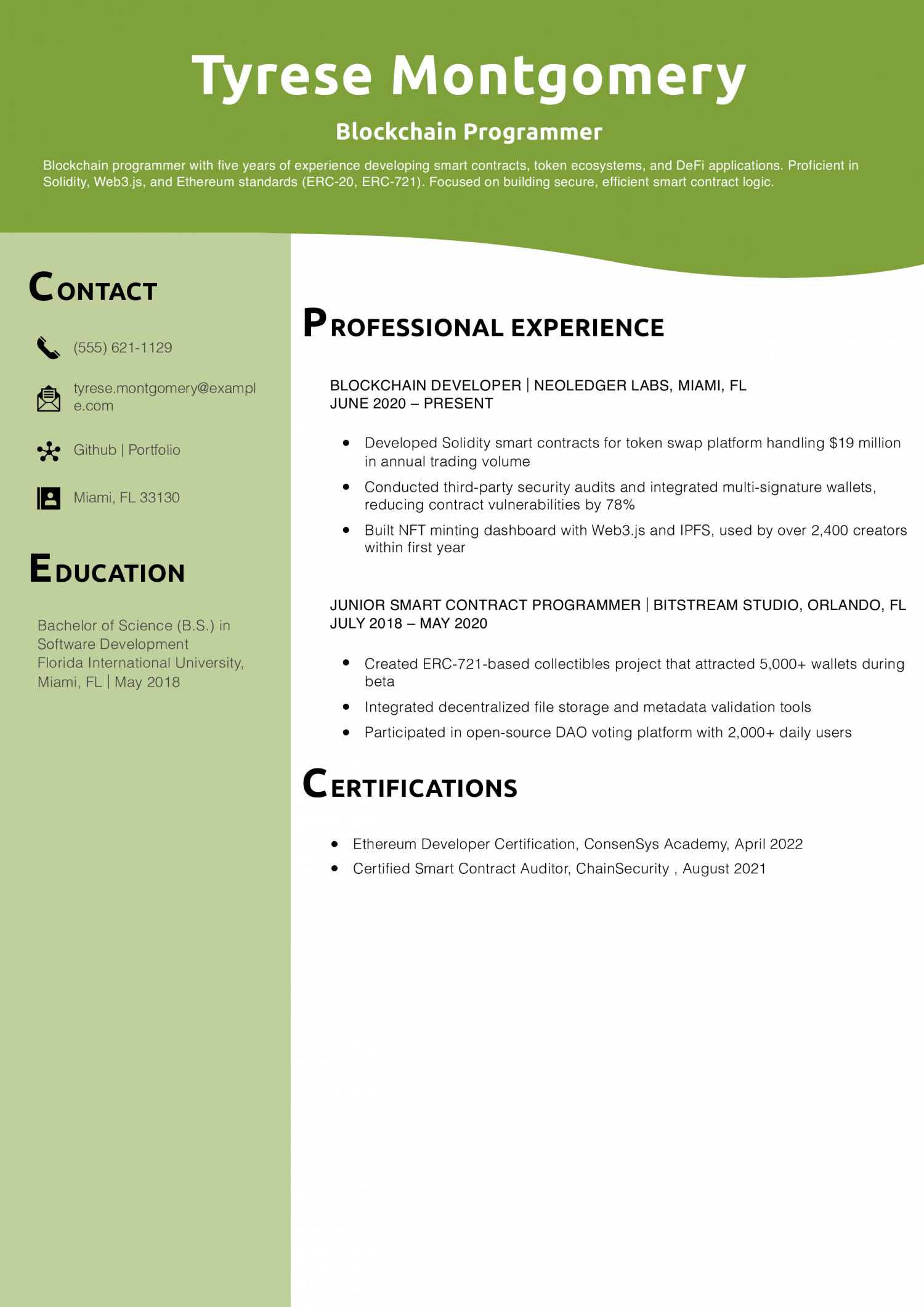 Blockchain Programmer Resume Example