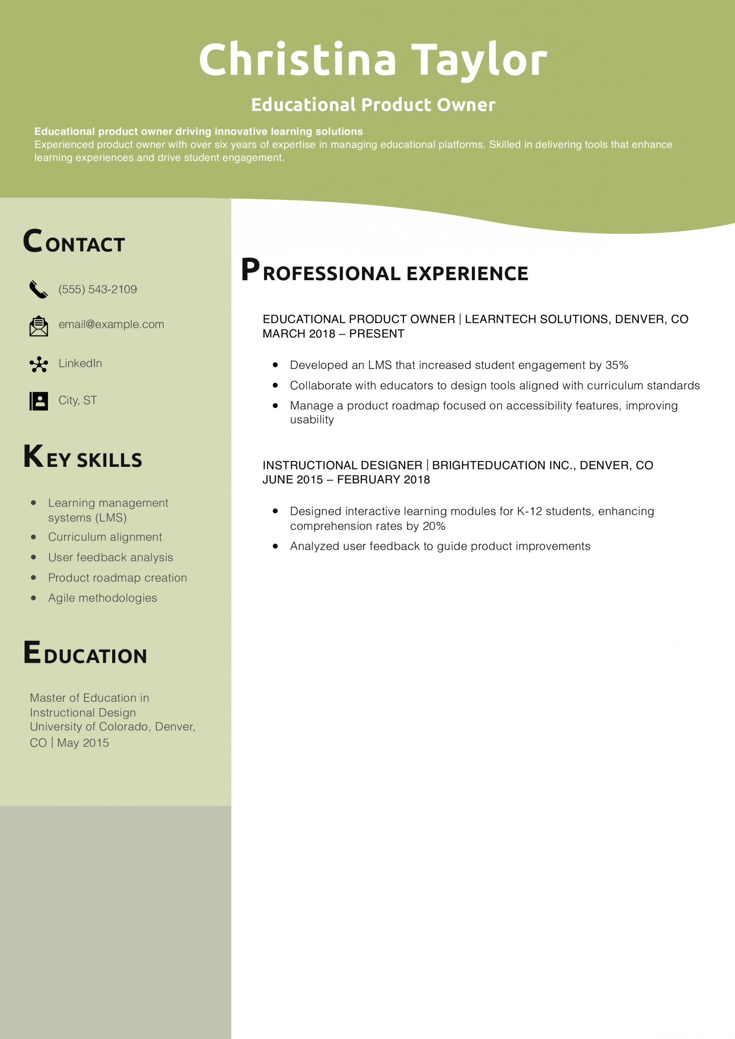 Educational Product Owner Resume