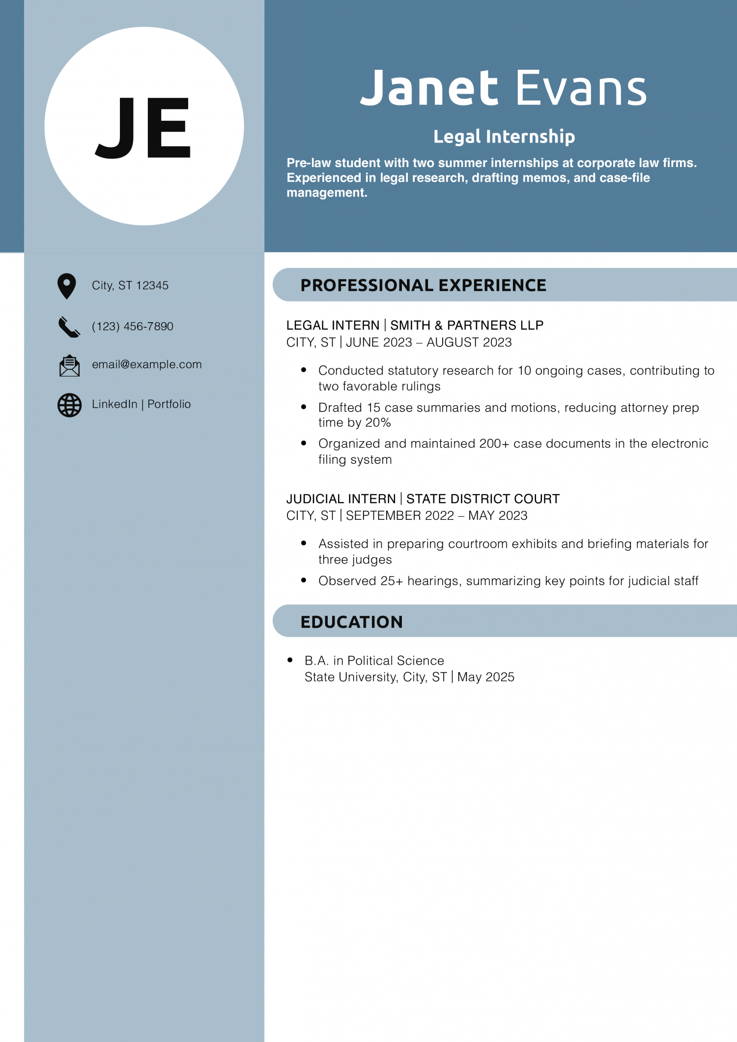 Legal Internship Resume Example